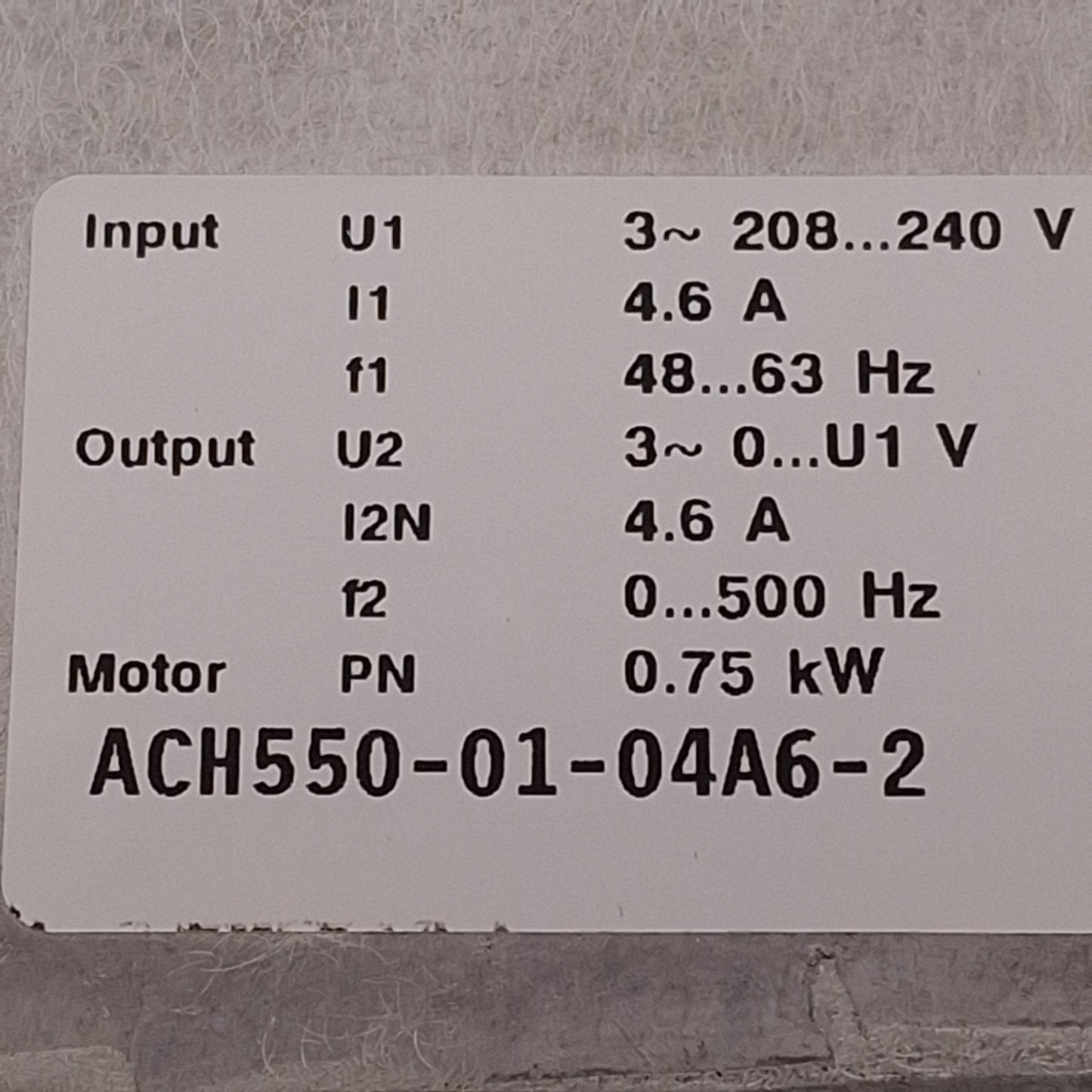 Used ABB ACH550-01-04A6-2 VFD, 3Ø 208-240VAC In, 3Ø 0-240VAC Out, 0-500Hz, 0.75kW