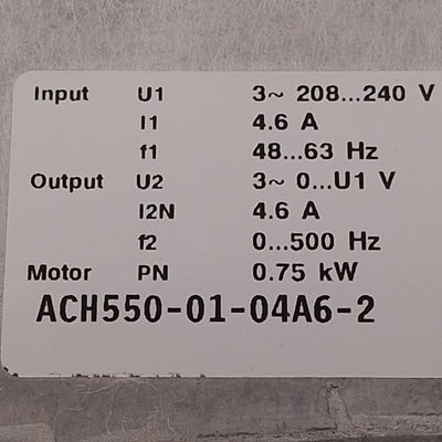 Used ABB ACH550-01-04A6-2 VFD, 3Ø 208-240VAC In, 3Ø 0-240VAC Out, 0-500Hz, 0.75kW
