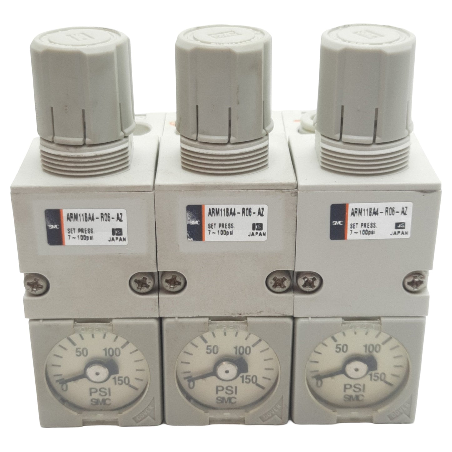 Used Lot of 3 SMC ARM11BA4-R06-AZ Regulator Manifold Block, 0.05-0.7MPa Set, ø4 Tube