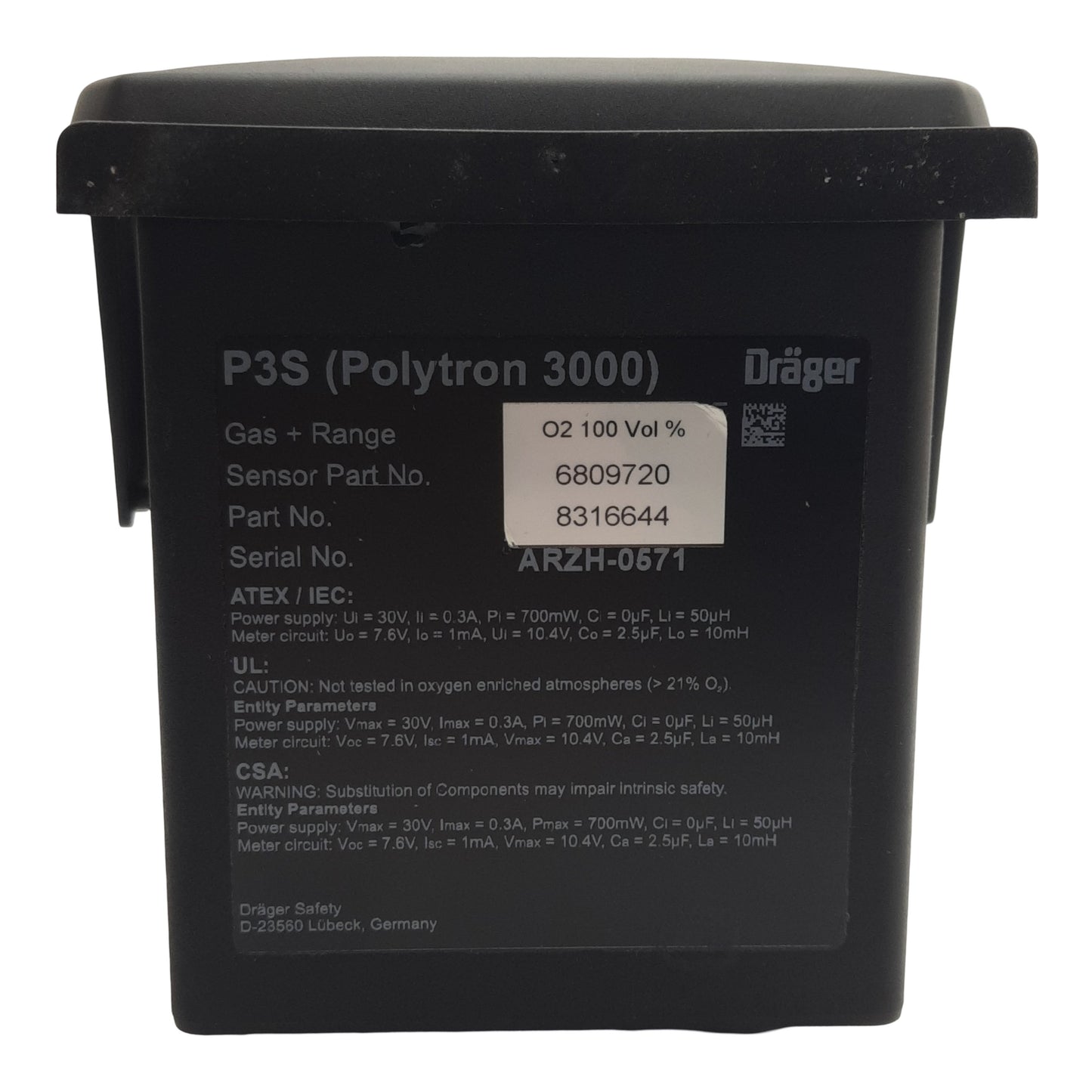 Used Drager 83 16 644 Polytron 3000 Measuring Unit, O2 0-100Vol%, 12-30VDC, 4-20mA