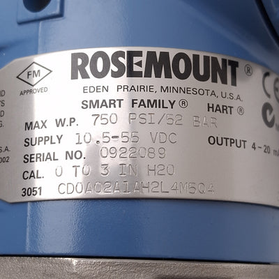 Used Rosemount 3051CD0A02A1AH2L4M5Q4 Smart Pressure Transmitter 0-3in H2O 10.5-55VDC