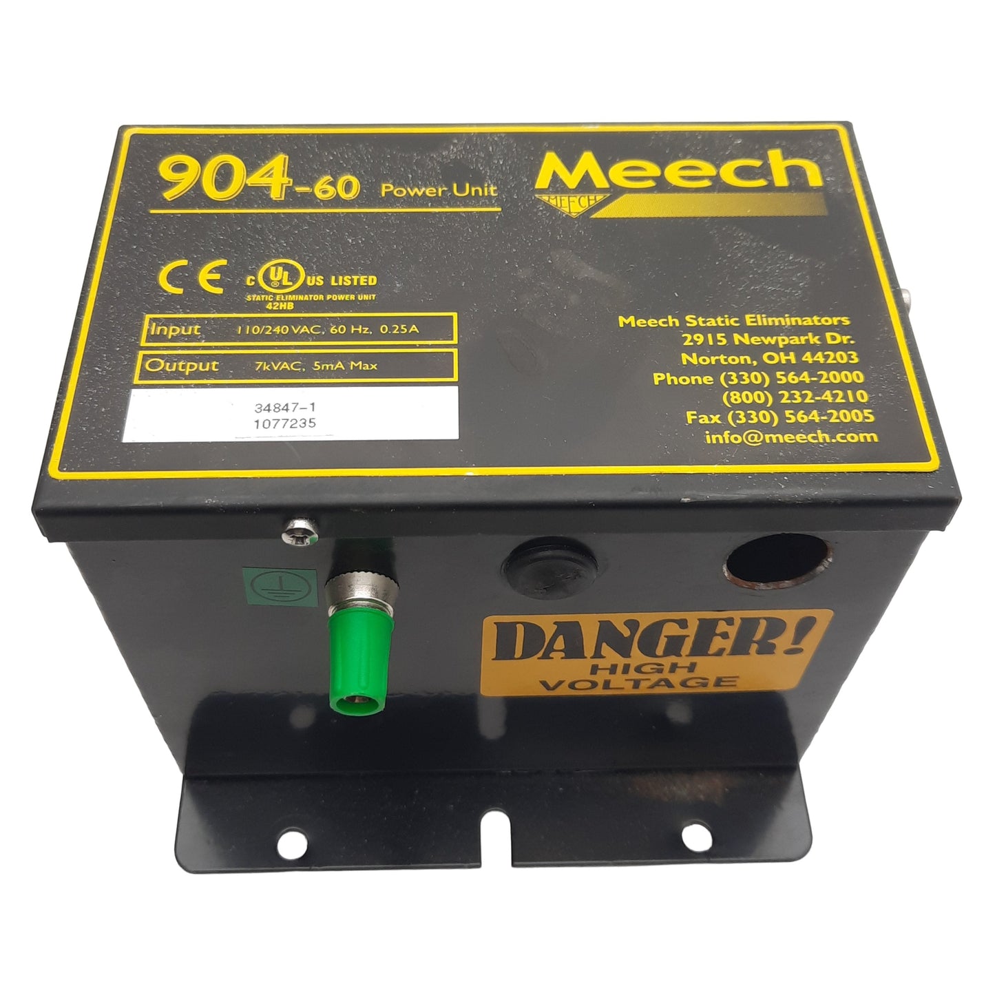 Used Meech 904-60 Power Unit, 110-240VAC 60Hz 0.25A In, 7kVAC 5mA Out, 140W Power