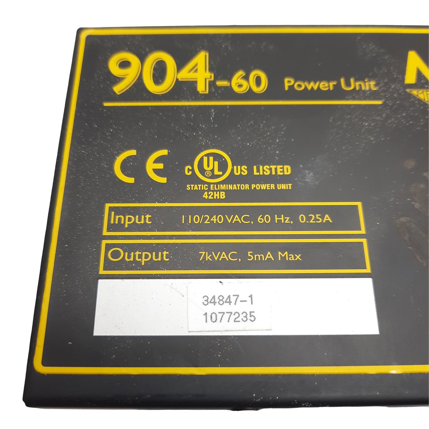Used Meech 904-60 Power Unit, 110-240VAC 60Hz 0.25A In, 7kVAC 5mA Out, 140W Power