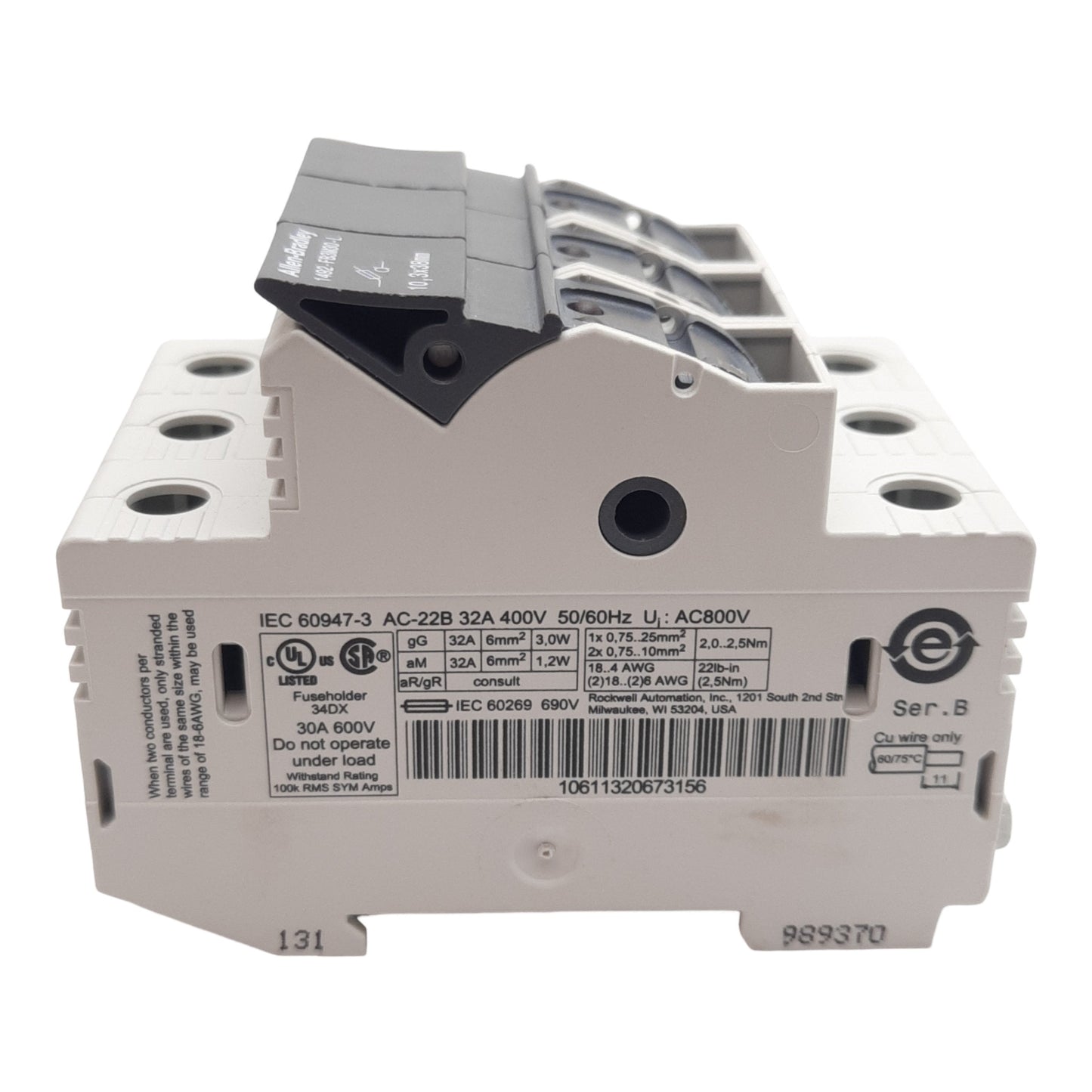 Used Allen Bradley 1492-FB3M30-L Fuse Holder, 3-Pole, 10mm x 38mm, 30A 110-600VAC/VDC