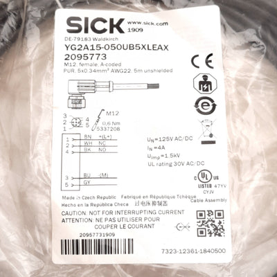 New SICK YG2A15-050UB5XLEAX Sensor/Actuator Cable, 125V 4A, M12 5-pin Female, 5m