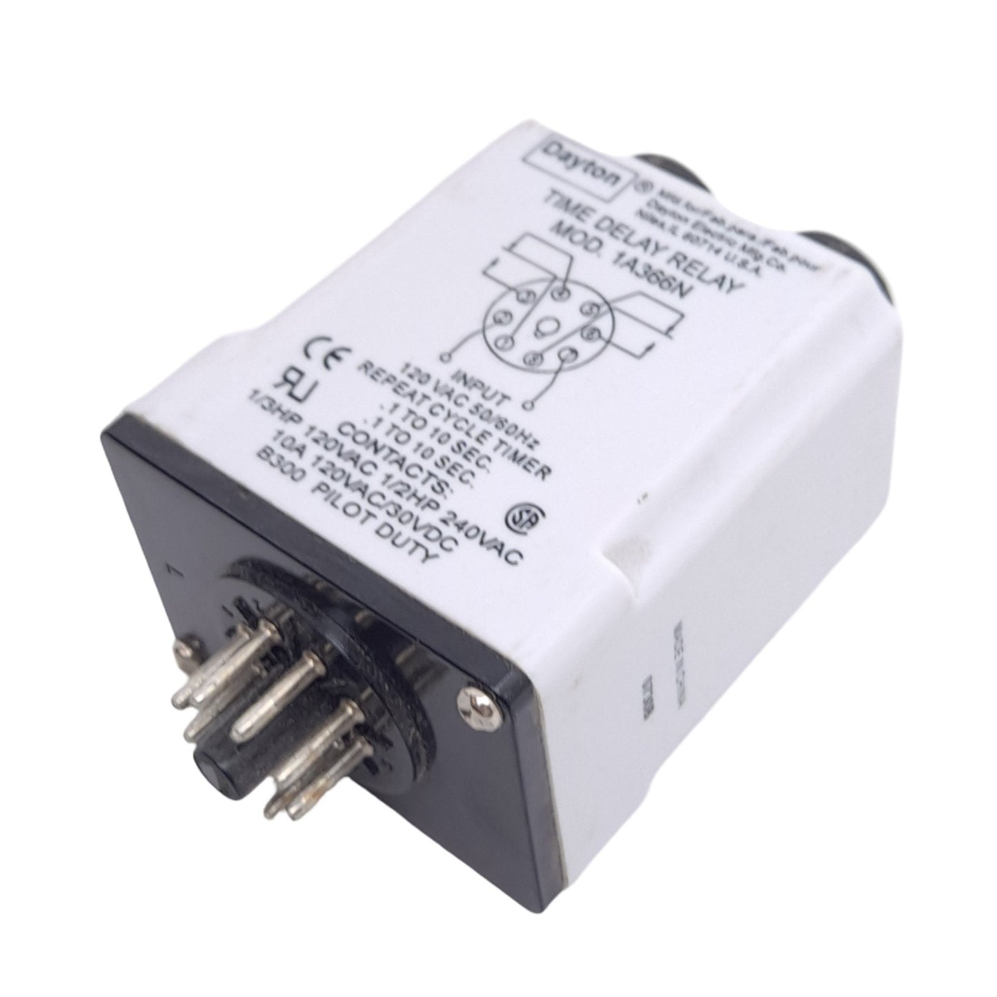 Used Dayton 1A366N Time Delay Relay, 8-Pin, 120VAC In, 0.1 to 10s, 120VAC 10A Contact