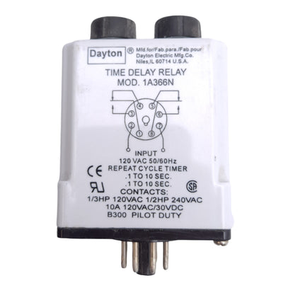 Used Dayton 1A366N Time Delay Relay, 8-Pin, 120VAC In, 0.1 to 10s, 120VAC 10A Contact