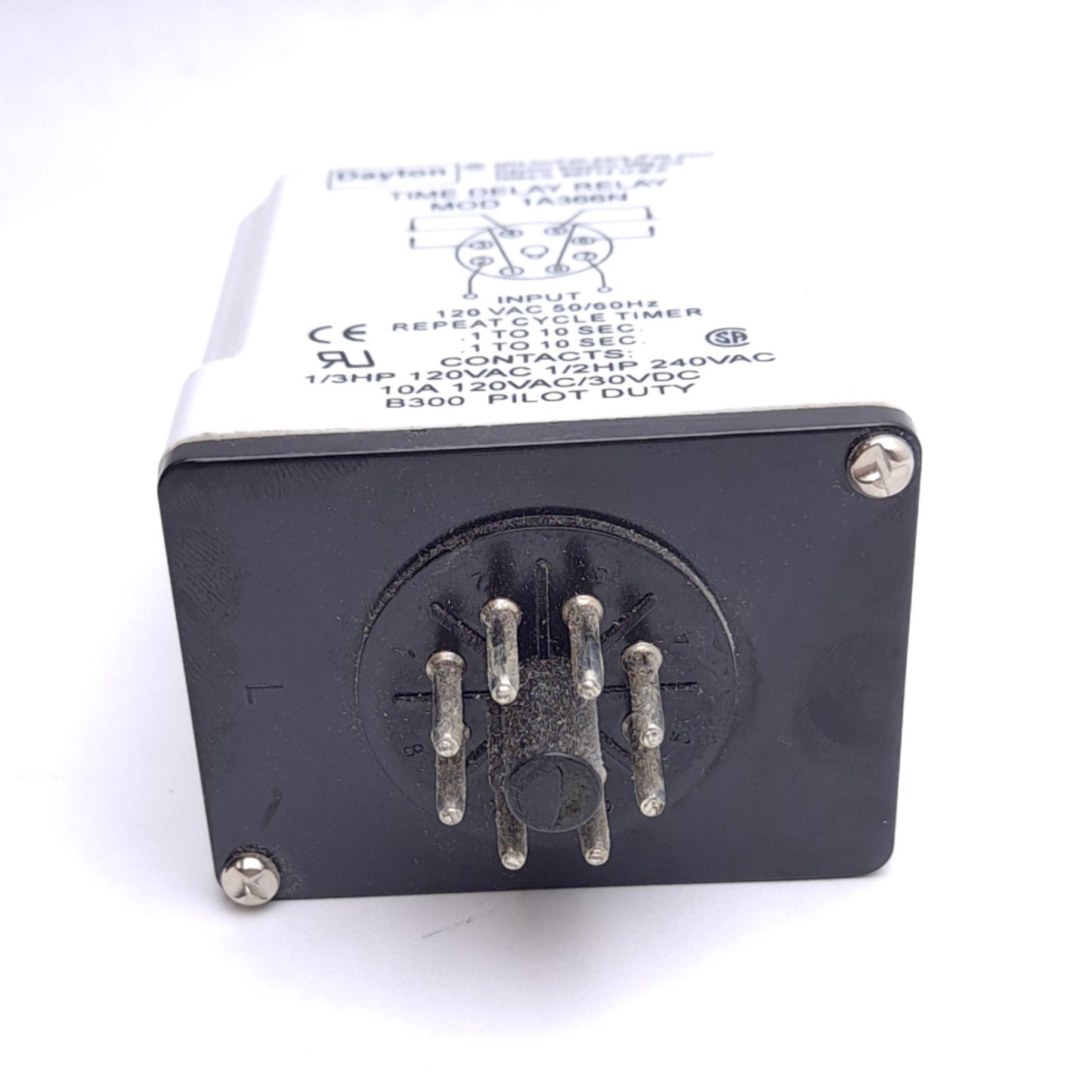 Used Dayton 1A366N Time Delay Relay, 8-Pin, 120VAC In, 0.1 to 10s, 120VAC 10A Contact