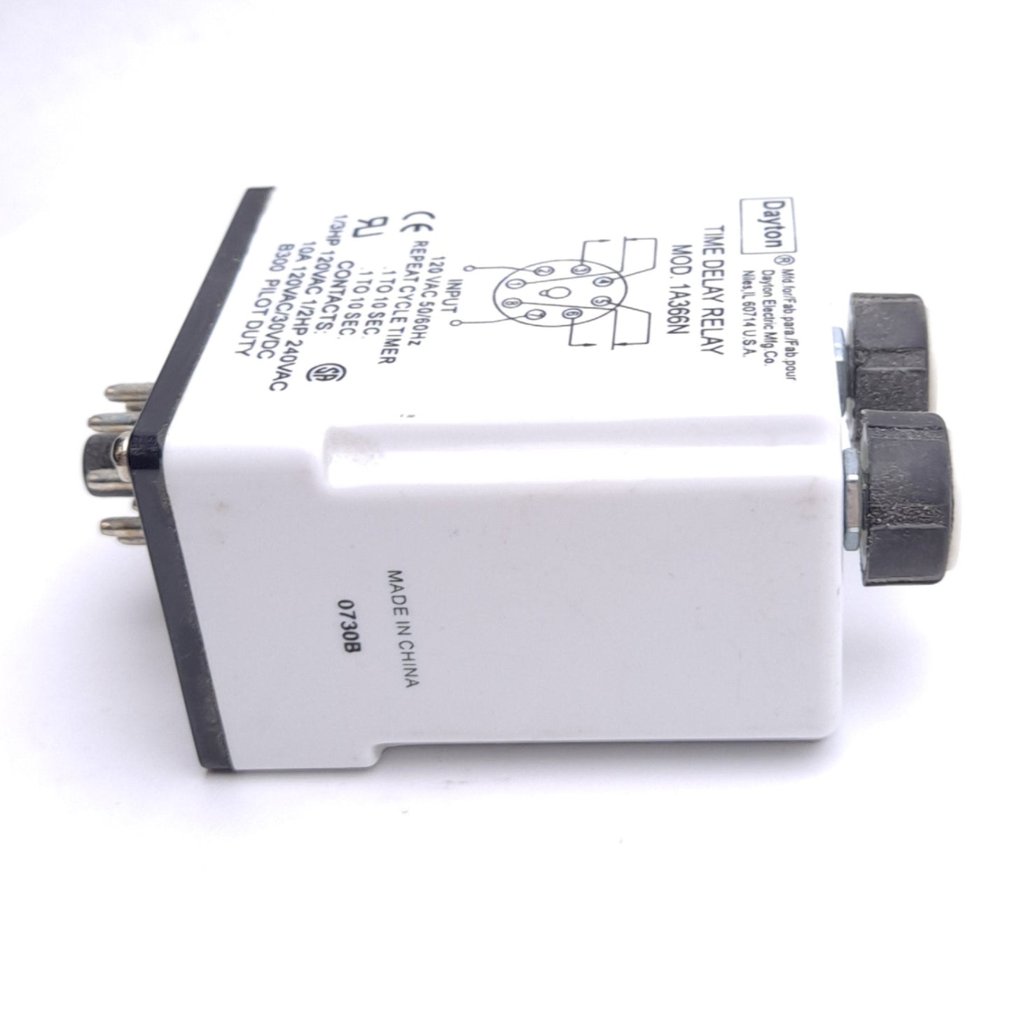 Used Dayton 1A366N Time Delay Relay, 8-Pin, 120VAC In, 0.1 to 10s, 120VAC 10A Contact