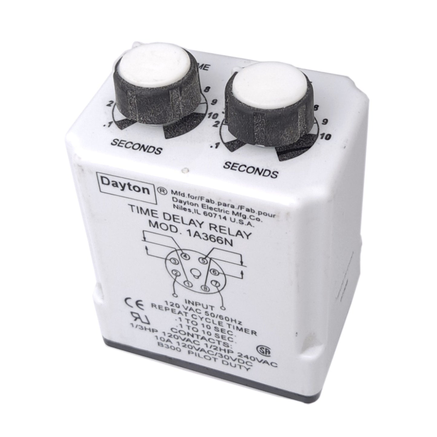 Used Dayton 1A366N Time Delay Relay, 8-Pin, 120VAC In, 0.1 to 10s, 120VAC 10A Contact
