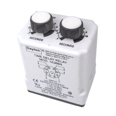 Used Dayton 1A366N Time Delay Relay, 8-Pin, 120VAC In, 0.1 to 10s, 120VAC 10A Contact