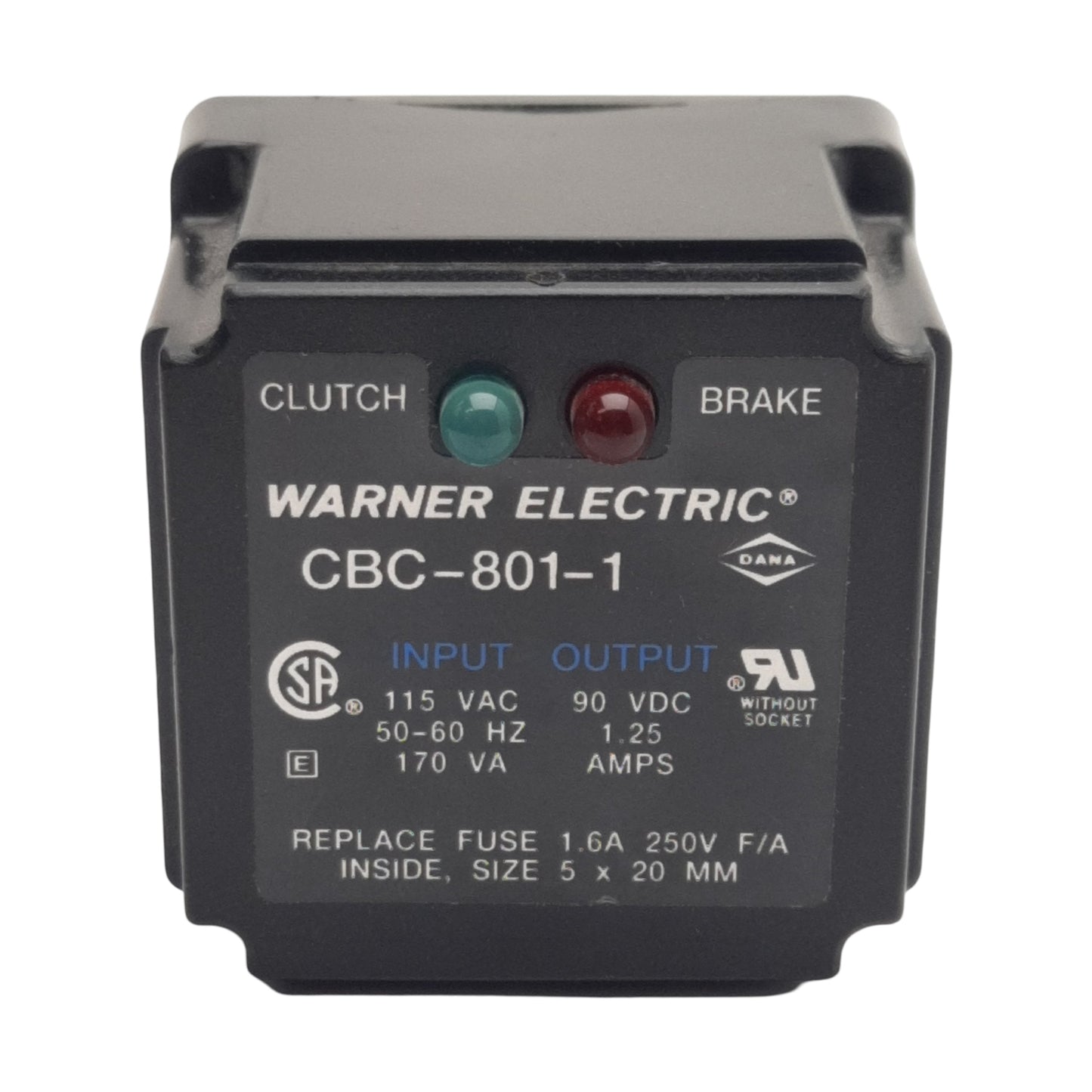 Used Warner Electric CBC-801-1 Clutch/Brake, 115VAC/170VA In, 90VDC 1.25A Out, 8-Pin