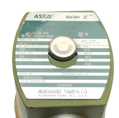 Used Asco 8210G94 Red Hat Solenoid Valve, 1/2in NPT, NC, 150psi Gas/Water, 24VDC Coil