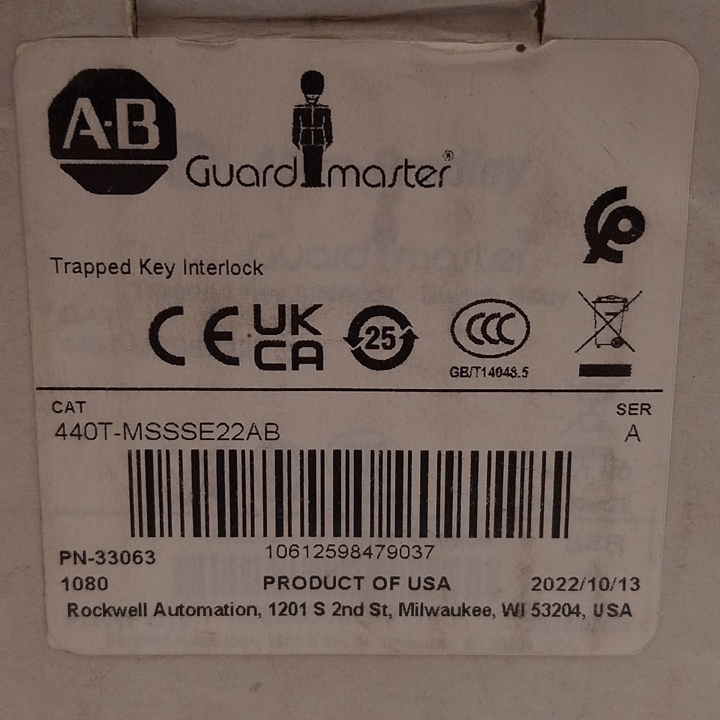 New – Open box Allen Bradley 440T-MSSSE22 Guardmaster Trojan Slamlock Interlock, 2NC+1NO, M20