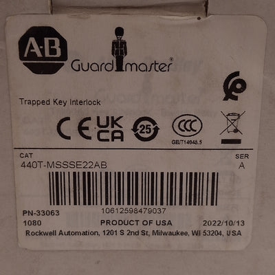 New – Open box Allen Bradley 440T-MSSSE22 Guardmaster Trojan Slamlock Interlock, 2NC+1NO, M20