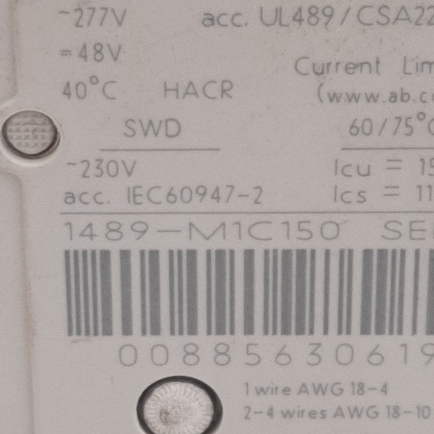 Used Allen Bradley 1489-M1C150 Circuit Breaker, 1-Pole C-Curve, 230VAC 15A, DIN Rail