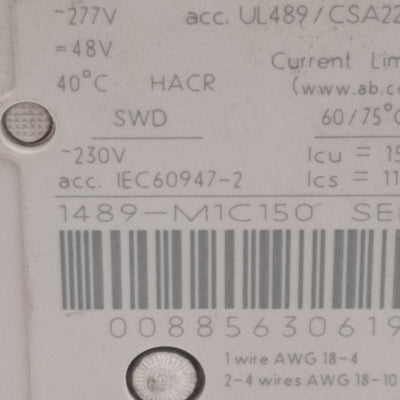 Used Allen Bradley 1489-M1C150 Circuit Breaker, 1-Pole C-Curve, 230VAC 15A, DIN Rail