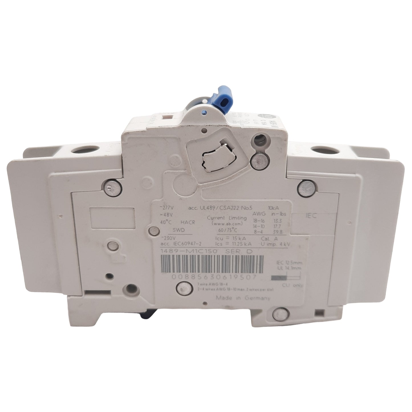 Used Allen Bradley 1489-M1C150 Circuit Breaker, 1-Pole C-Curve, 230VAC 15A, DIN Rail