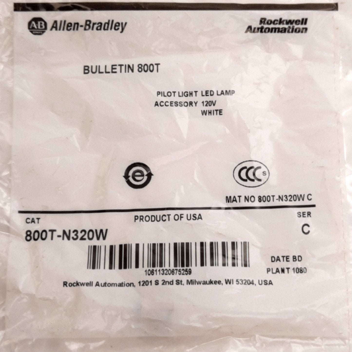 New Allen-Bradley 800T-N320W White Replacement Pushbutton LED Lamp, 120VAC