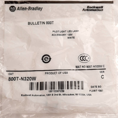New Allen-Bradley 800T-N320W White Replacement Pushbutton LED Lamp, 120VAC
