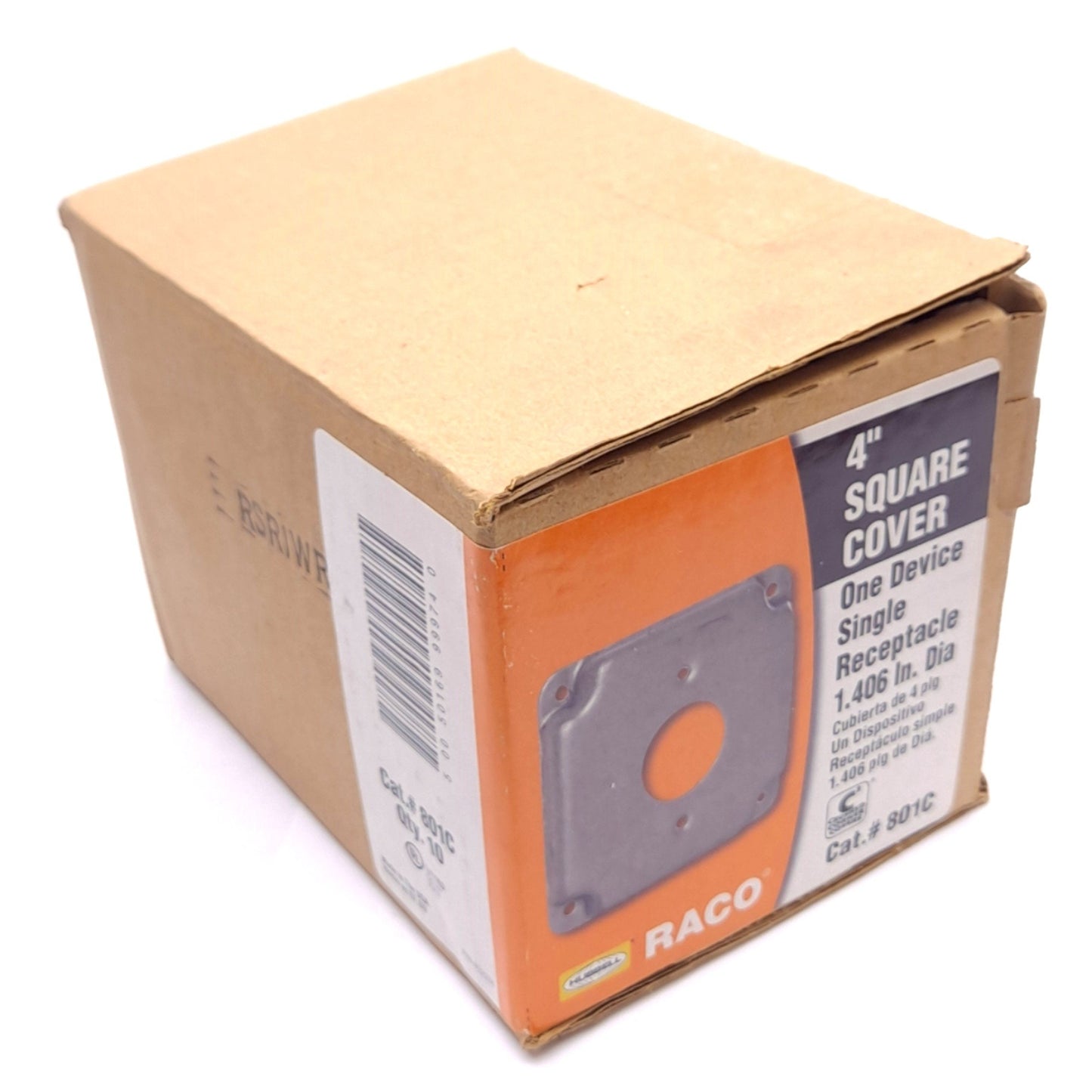 New Box of 10 Hubbell 801C RACO 4in Square Covers, ø1.406in Receptacle, 1/2in Raised