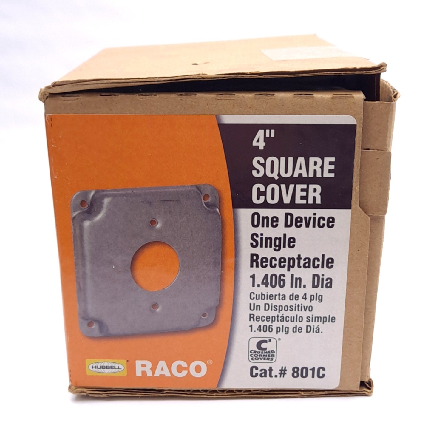 New Box of 10 Hubbell 801C RACO 4in Square Covers, ø1.406in Receptacle, 1/2in Raised