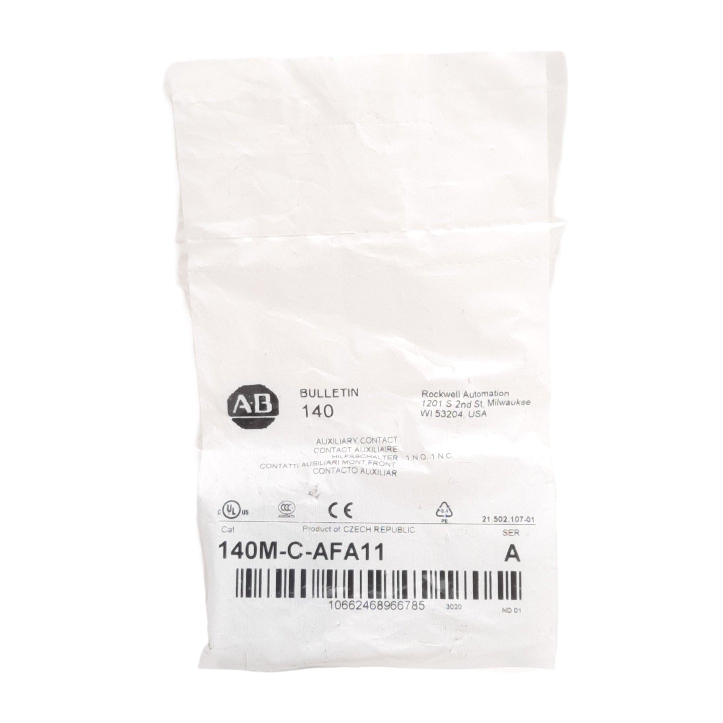 New Allen Bradley 140M-C-AFA11 Auxiliary Contact, 2-Pole, 1NO 1NC, 5A 240VAC