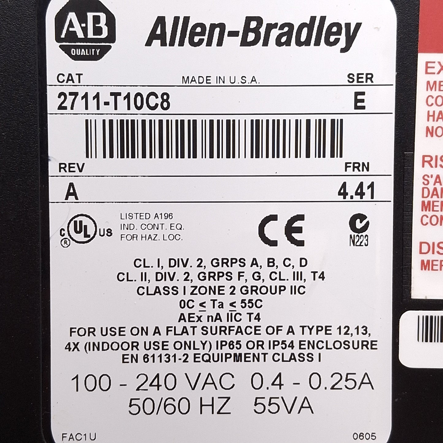 Used Allen Bradley 2711-T10C8 PanelView 1000 Touchscreen HMI, 10.1" Color, 100-240VAC