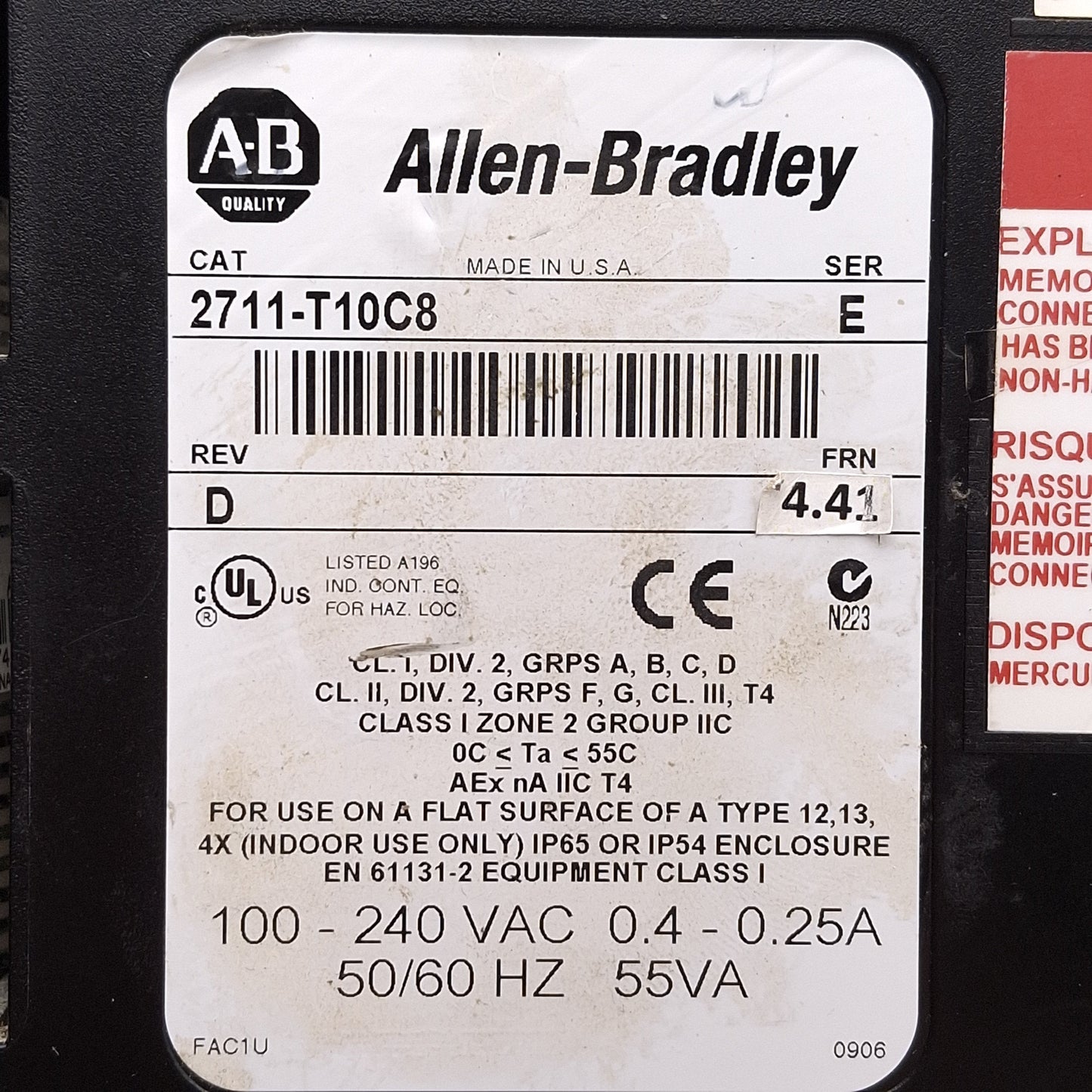 Used Allen Bradley 2711-T10C8 PanelView 1000 Touchscreen HMI 10.1" Color, 100-240VAC