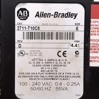 Used Allen Bradley 2711-T10C8 PanelView 1000 Touchscreen HMI 10.1" Color, 100-240VAC