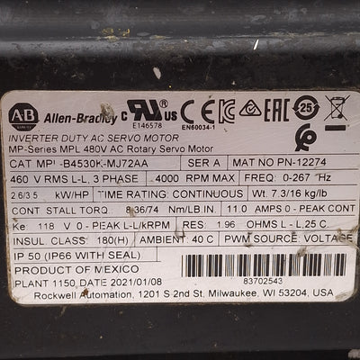 Used Allen Bradley MPL-B4530K-MJ72AA Servo Motor, 3Ø 460VAC 2.6kW, ø130mm Bolt Circle