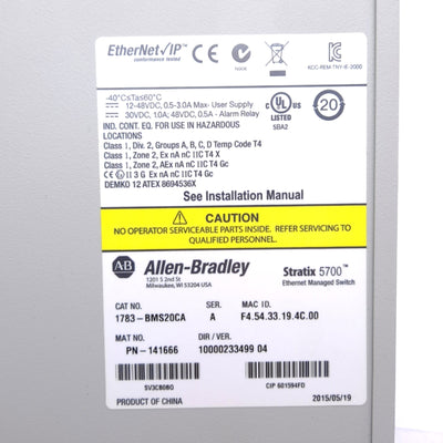 Used Allen Bradley 1783-BMS20CA A Stratix 5700 Ethernet Switch, 20 Port, 12-48VDC