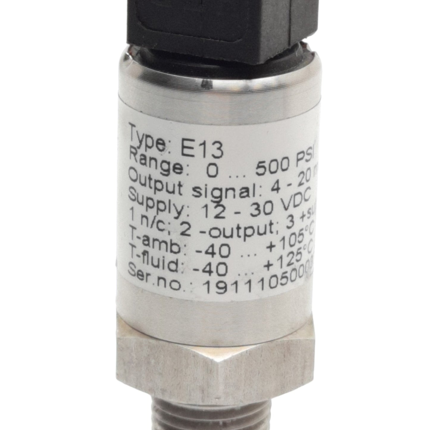 Used Hoskin Scientific Type E13 Pressure Sensor, 500psi, 1NC, 4-20mA Output, 12-30VDC