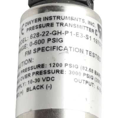 Used Dwyer 628-22-GH-P1-E3-S1 Pressure Transmitter 0-600psig, 4-20ma Output, 10-30VDC