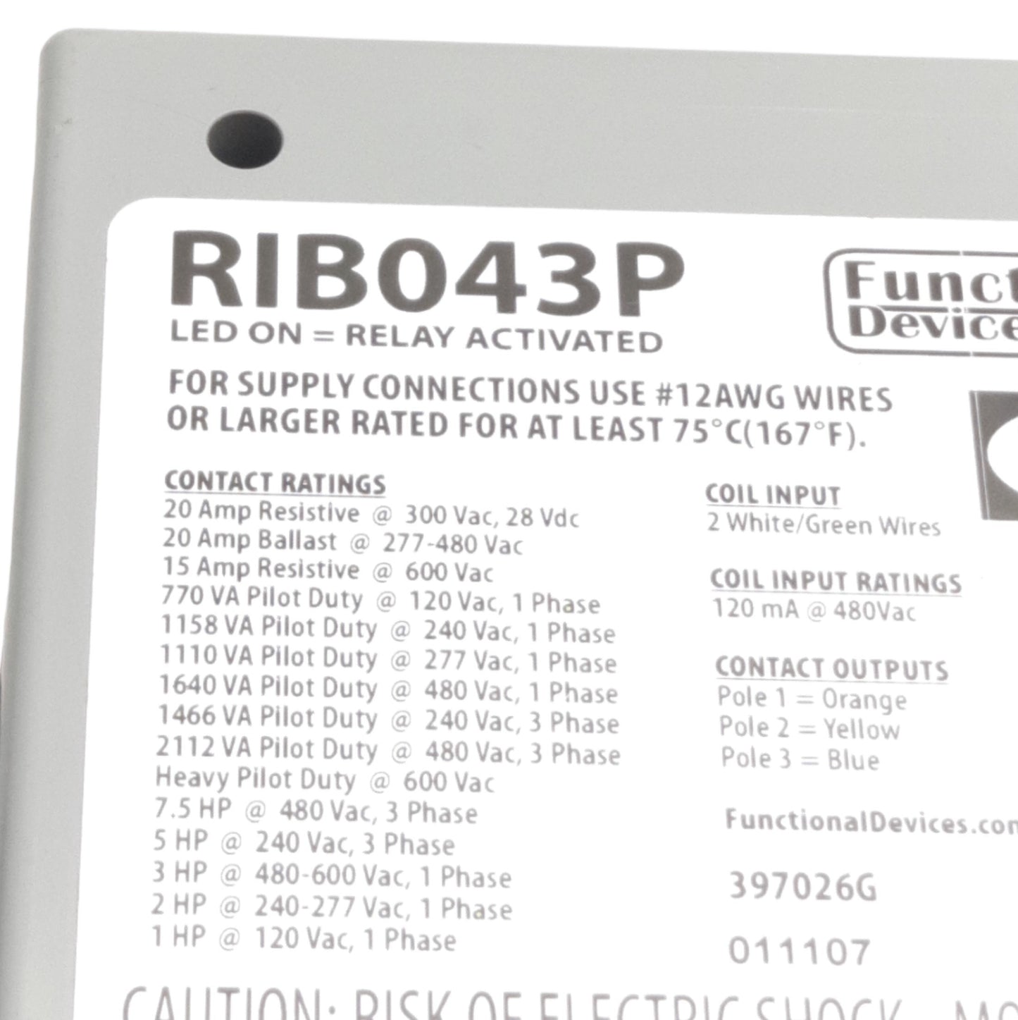 Used Functional Devices RIB043P Power Relay, 3PST-NO 20A Contact, 480VAC Coil Voltage