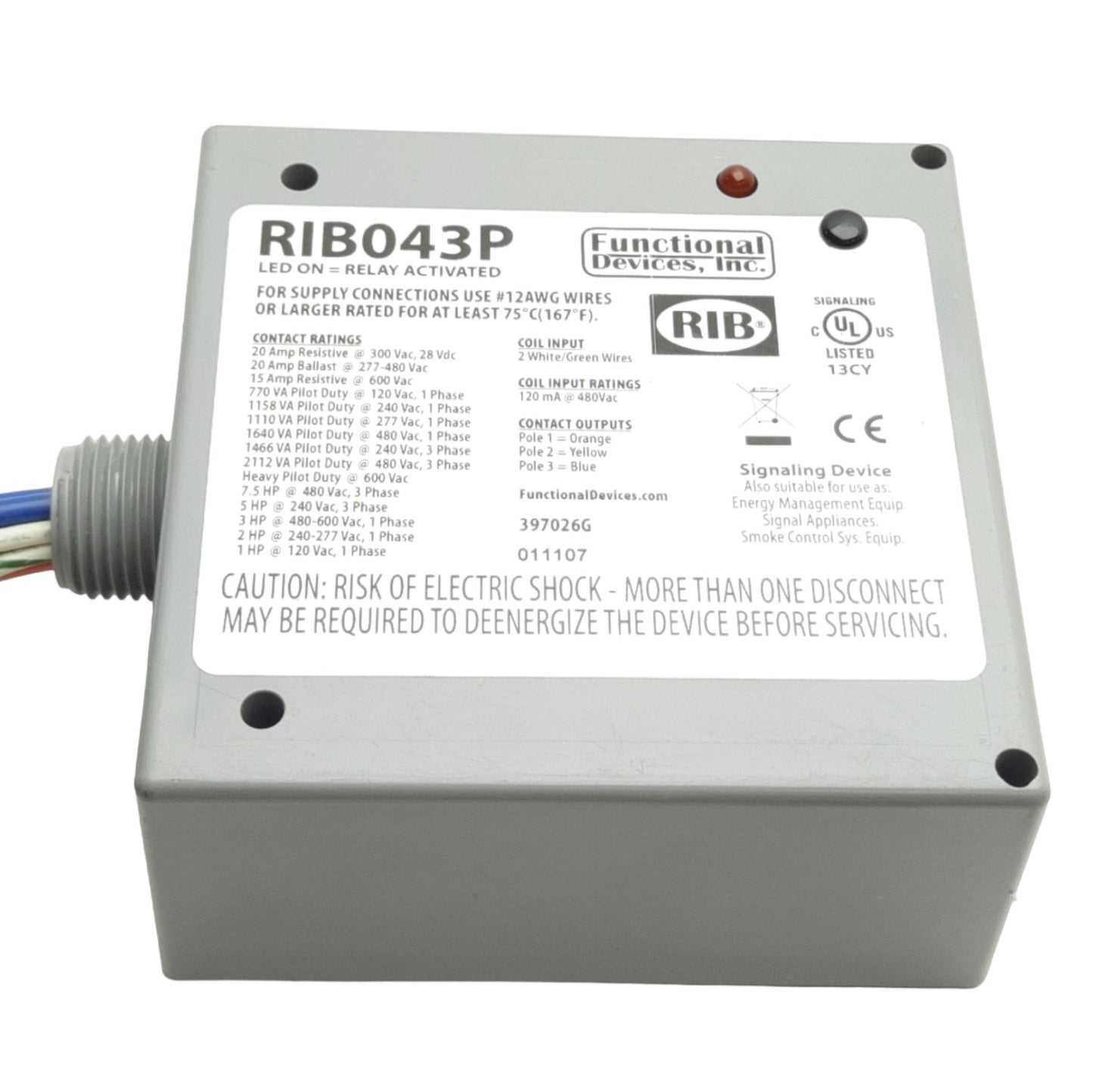 Used Functional Devices RIB043P Power Relay, 3PST-NO 20A Contact, 480VAC Coil Voltage