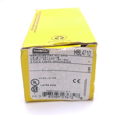 New Hubbell HBL4710 Twist-Lock Receptacle, 2-Pole 3-Wire, 125VAC 15A, ø1.4in