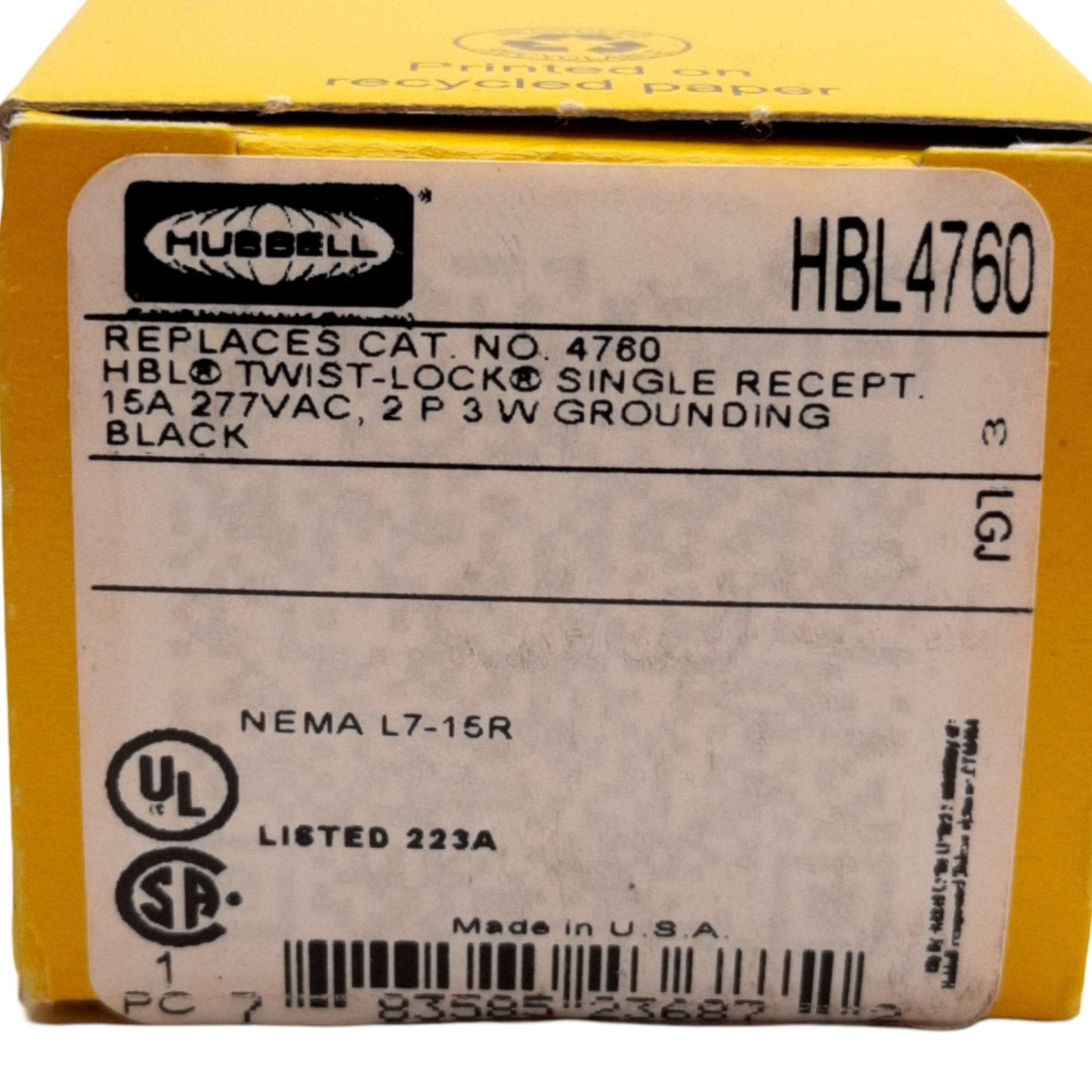 New Hubbell HBL4760 Twist-Lock Receptacle, 2-Pole, 15A 277VAC, NEMA L7-15R