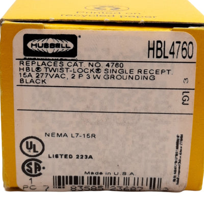 New Hubbell HBL4760 Twist-Lock Receptacle, 2-Pole, 15A 277VAC, NEMA L7-15R
