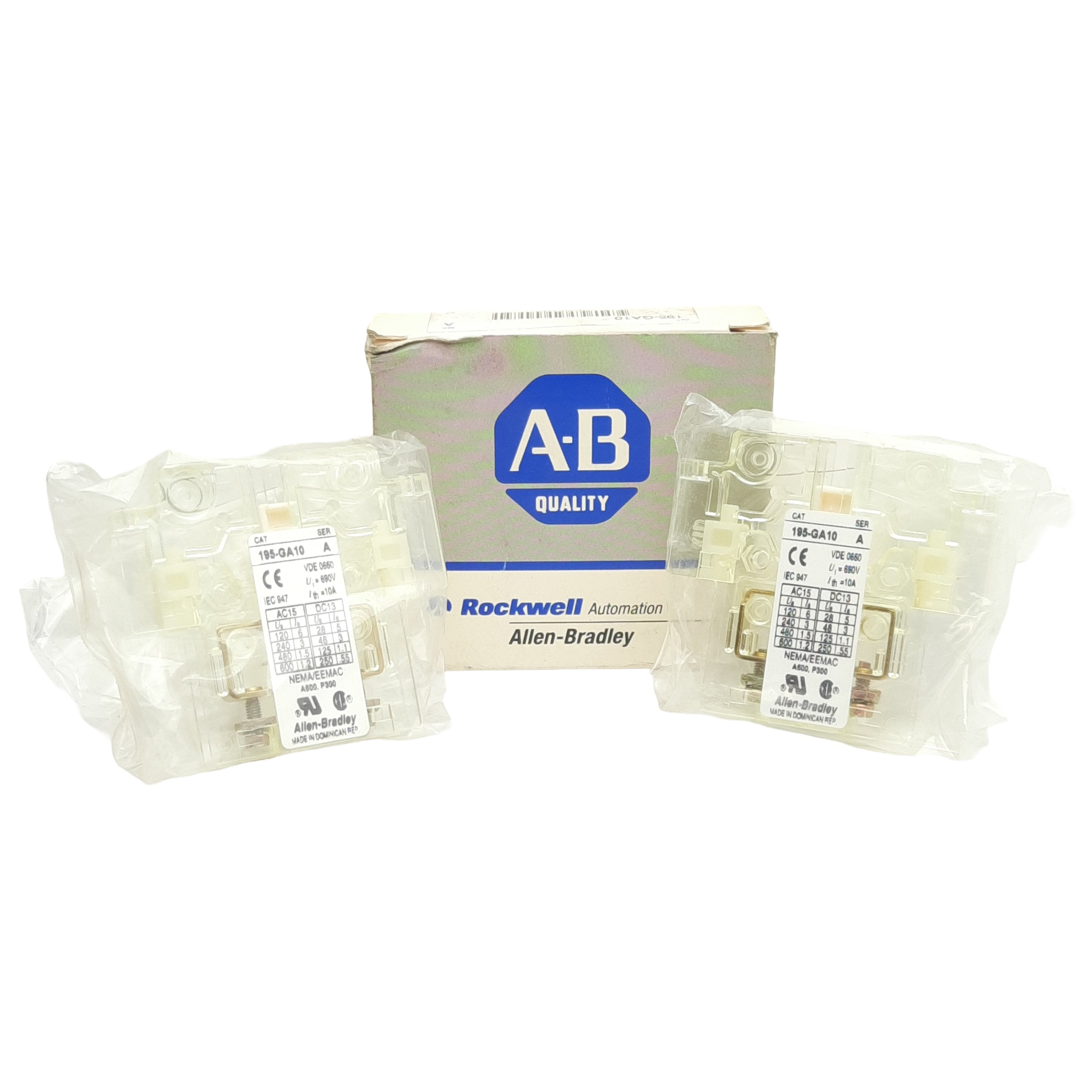 Lot of 2 Allen Bradley 195-GA10 Auxiliary Contact, Side Mount, 1 N.O ...