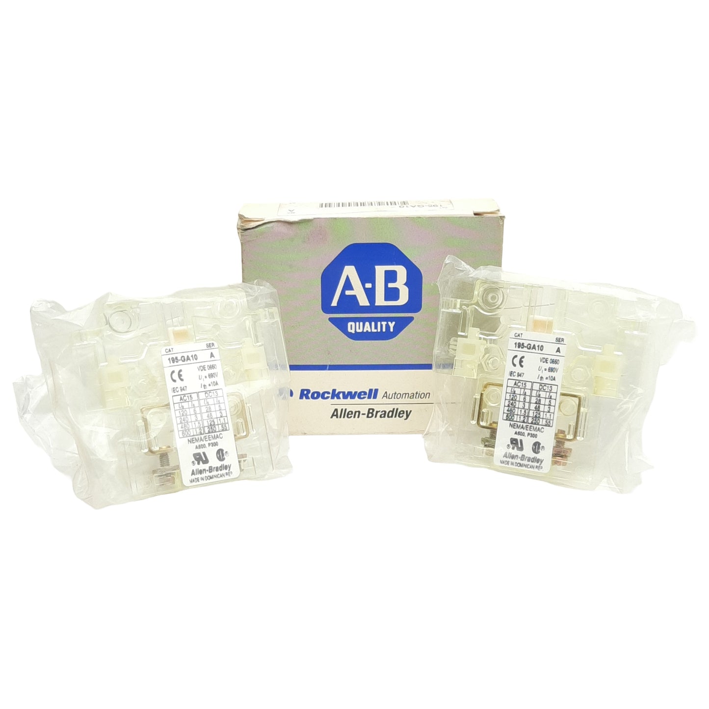 New Lot of 2 Allen Bradley 195-GA10 Auxiliary Contact, Side Mount, 1 N.O. 600V 10A