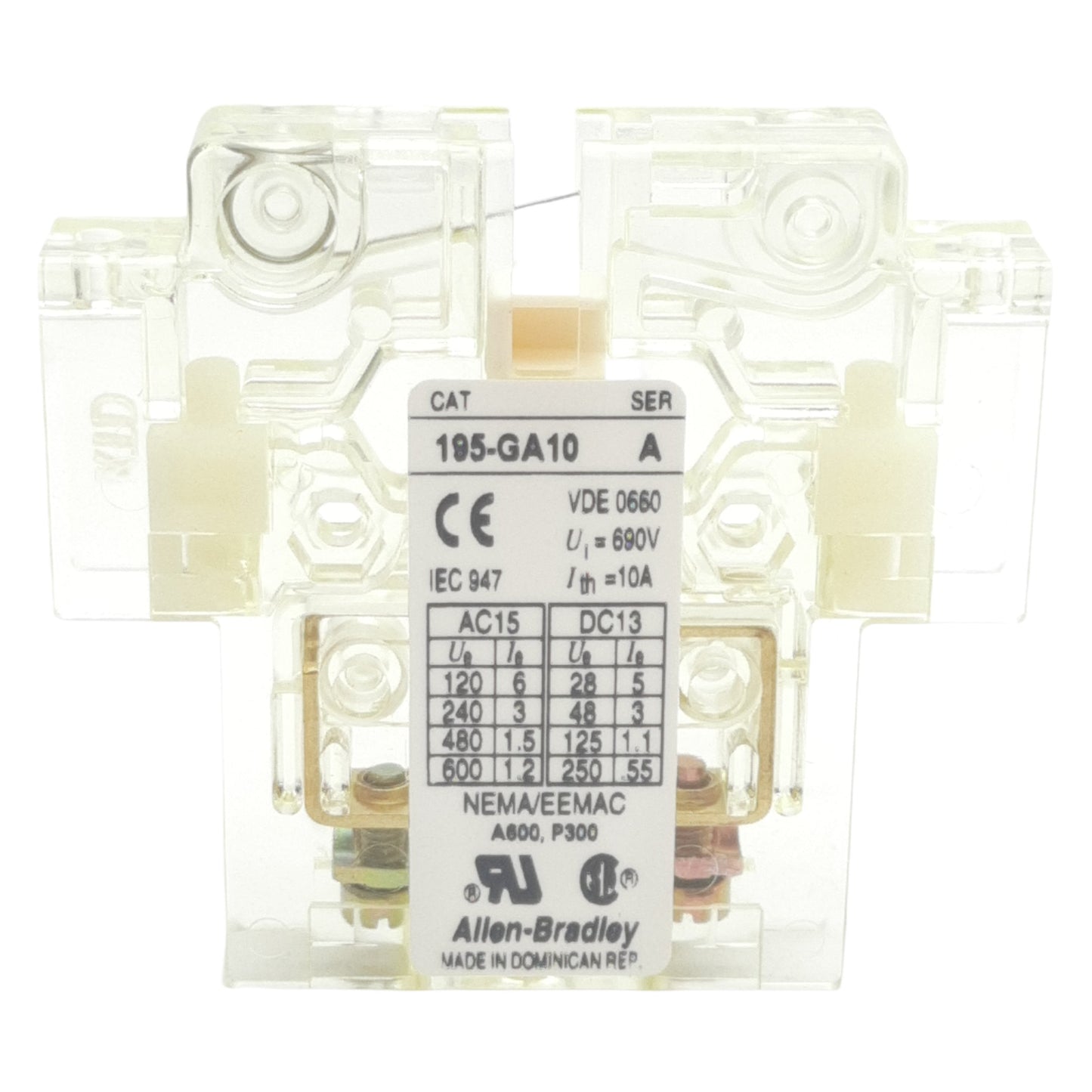 New Lot of 2 Allen Bradley 195-GA10 Auxiliary Contact, Side Mount, 1 N.O. 600V 10A