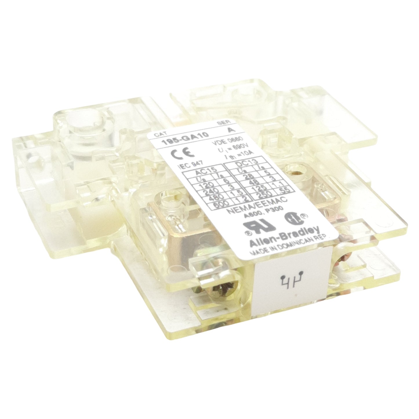 New Lot of 2 Allen Bradley 195-GA10 Auxiliary Contact, Side Mount, 1 N.O. 600V 10A