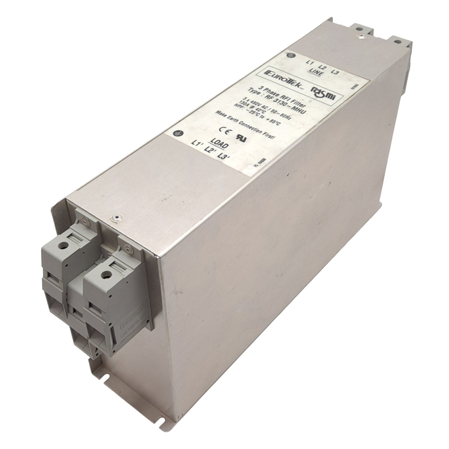 Used Rasmi RF 3130-MHU RFI Filter, 3-Phase, 480VAC 50-60hZ, 130A, 429x110x240mm