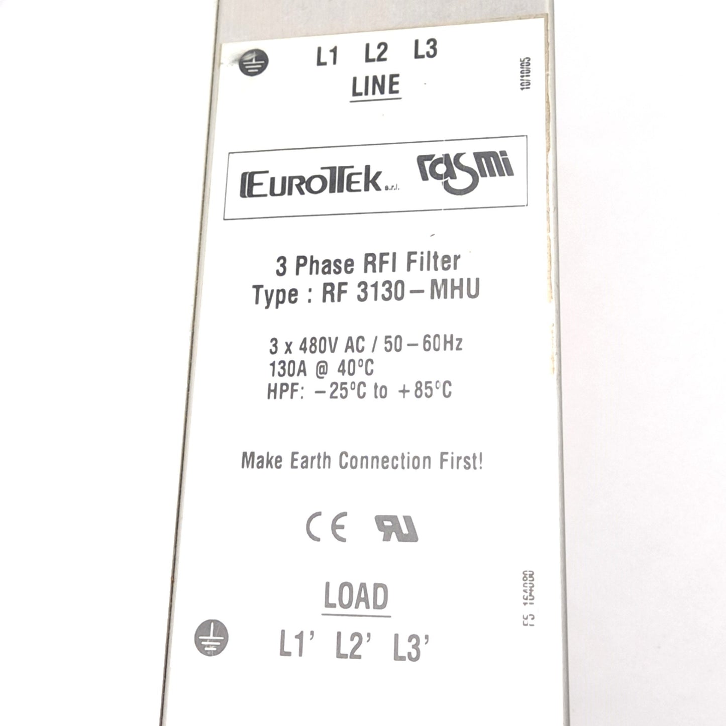 Used Rasmi RF 3130-MHU RFI Filter, 3-Phase, 480VAC 50-60hZ, 130A, 429x110x240mm