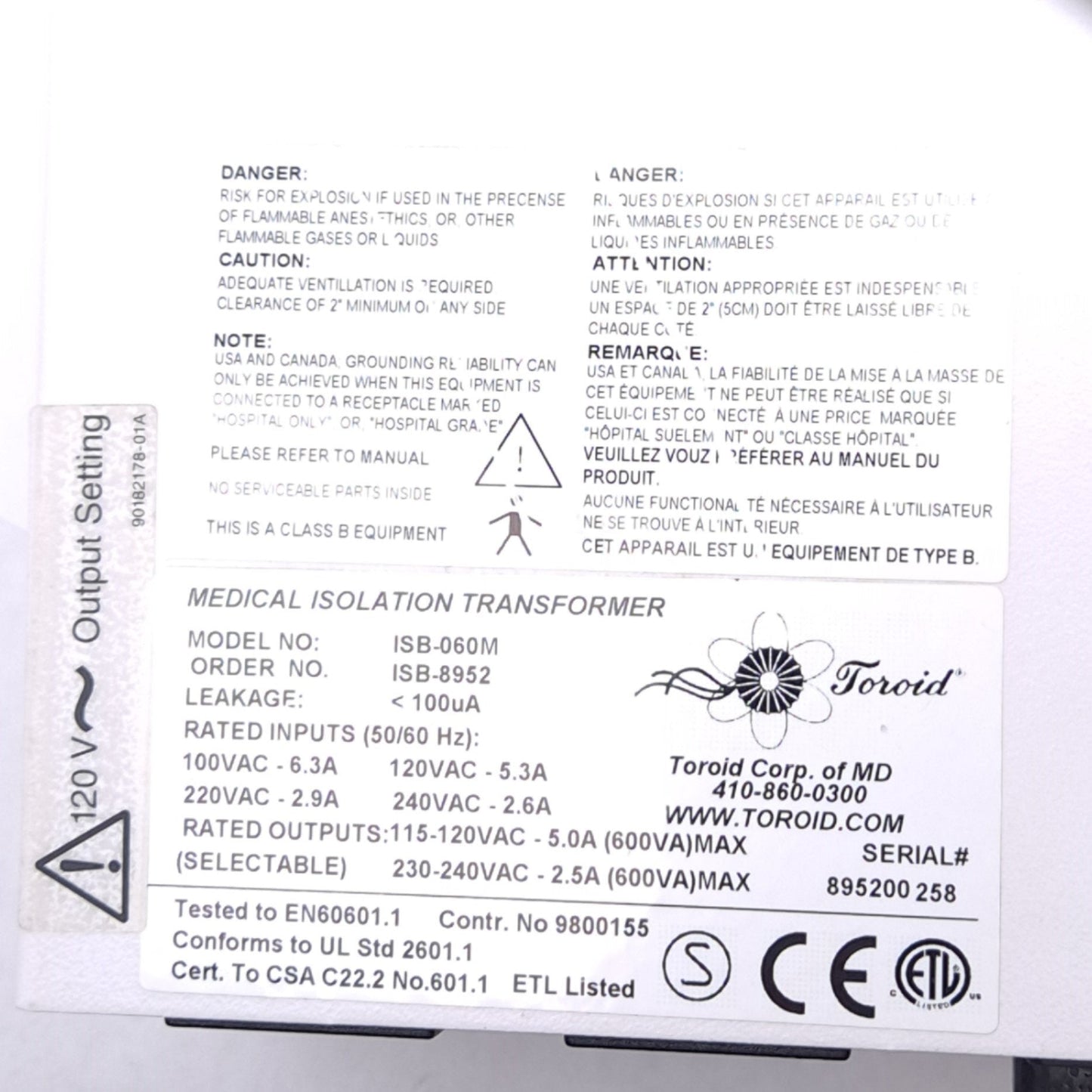 Used Toroid ISB-060M Medical Isolation Transformer 100-240VAC 2.6-6.3A In, ø7mm Mount