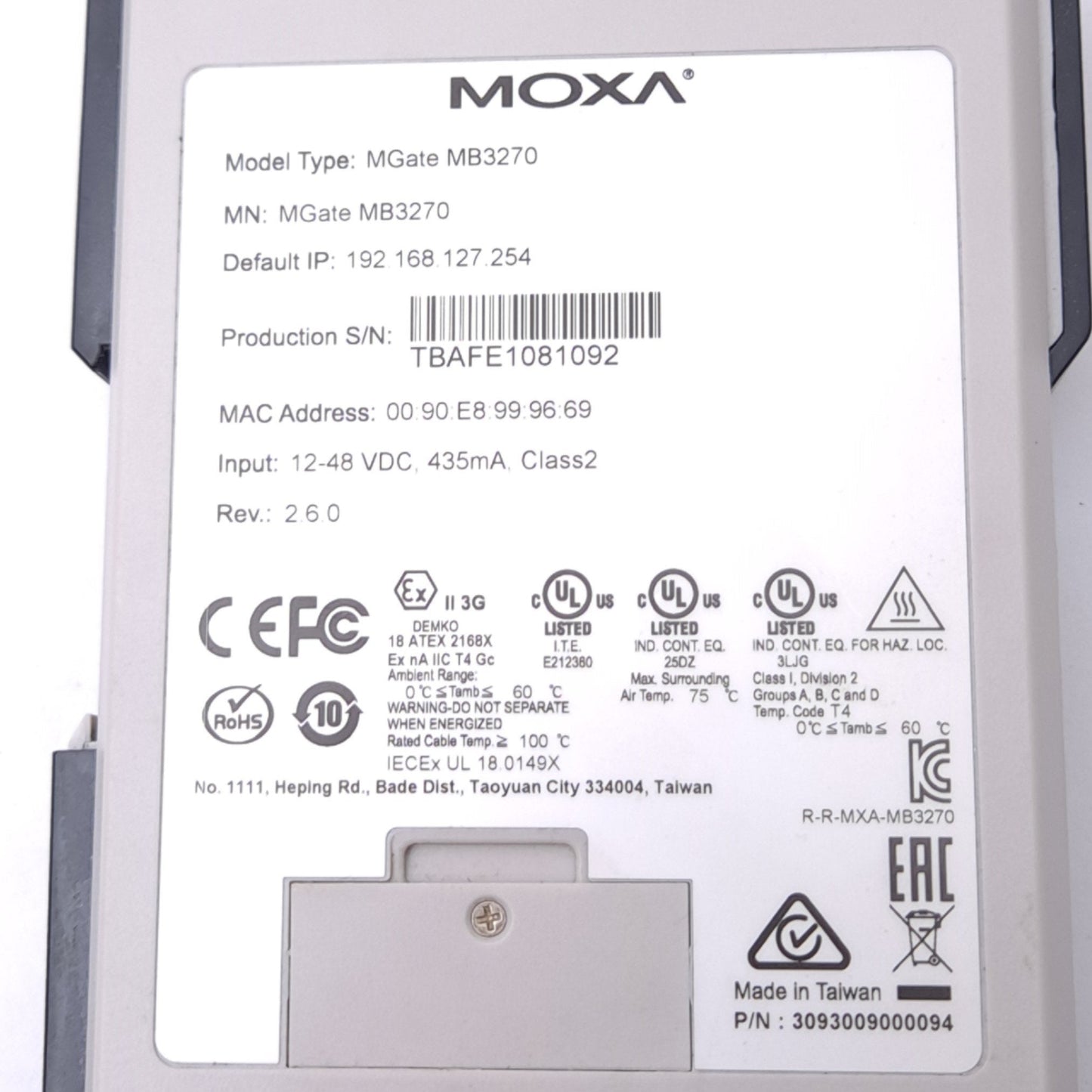 Used Moxa MGate MB3270 Modbus TCP Gateway, 2-Port, 12-48VDC 435mA In, RS-232/422/485