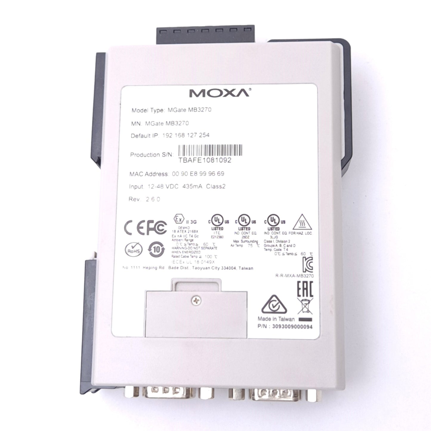 Used Moxa MGate MB3270 Modbus TCP Gateway, 2-Port, 12-48VDC 435mA In, RS-232/422/485