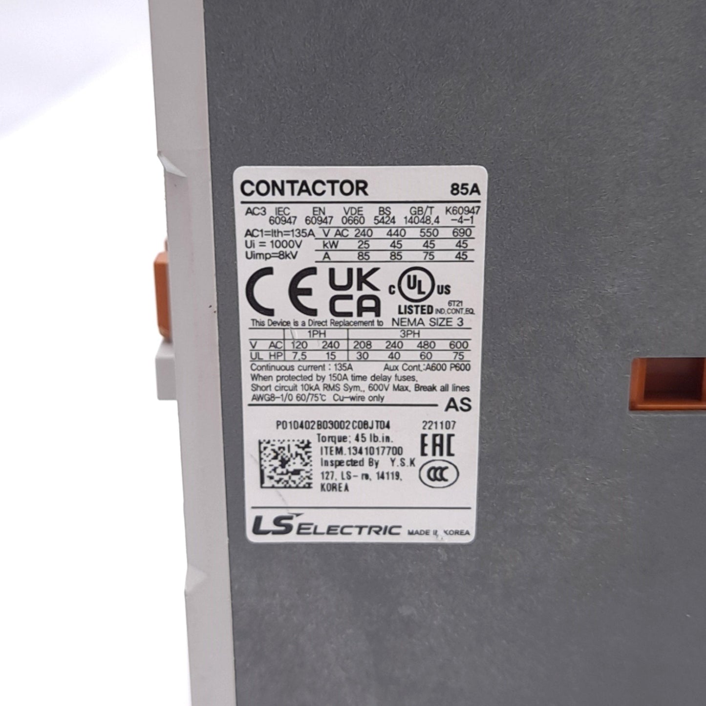 Used LS Electric MC-85a Metasol Contactor, 3-Pole NO + 2NO/2NC, 85A 230VAC, DIN Rail