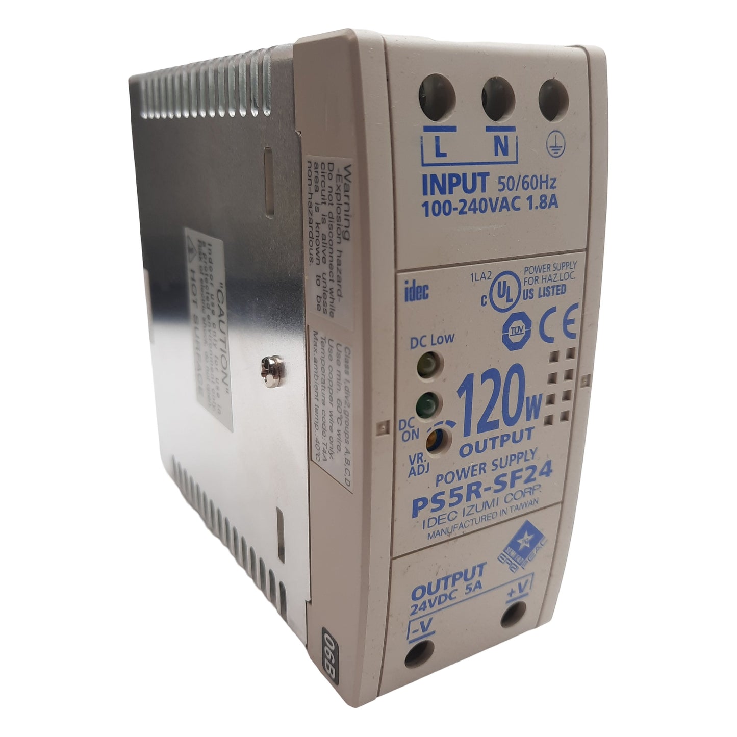 Used Idec PS5R-SF24 Power Supply, 1-Phase, 100-240VAC In, 24VDC 5A 120W Out, DIN Rail